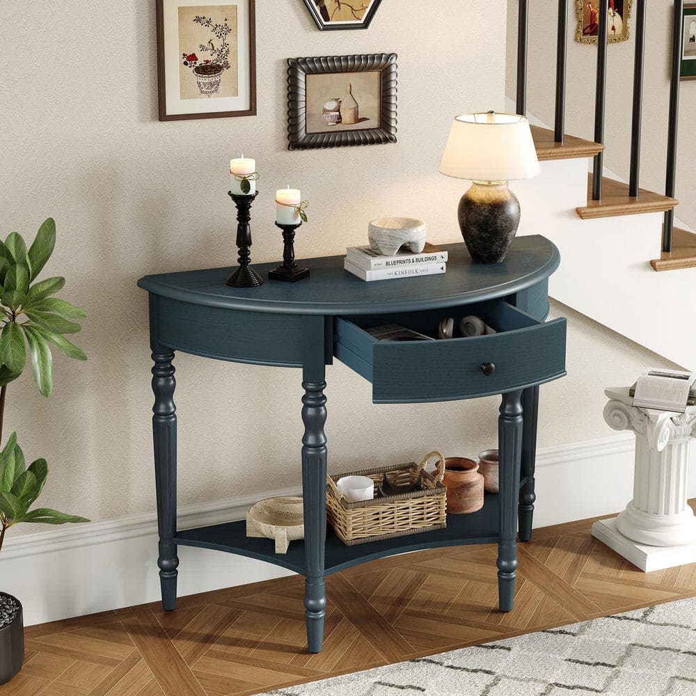 39 in. Navy Farmhouse Half-Moon Wood Console Table with Drawer, Shelf for Entryway, Living Room, Hallway and Foyer price history on PriceWatchPro