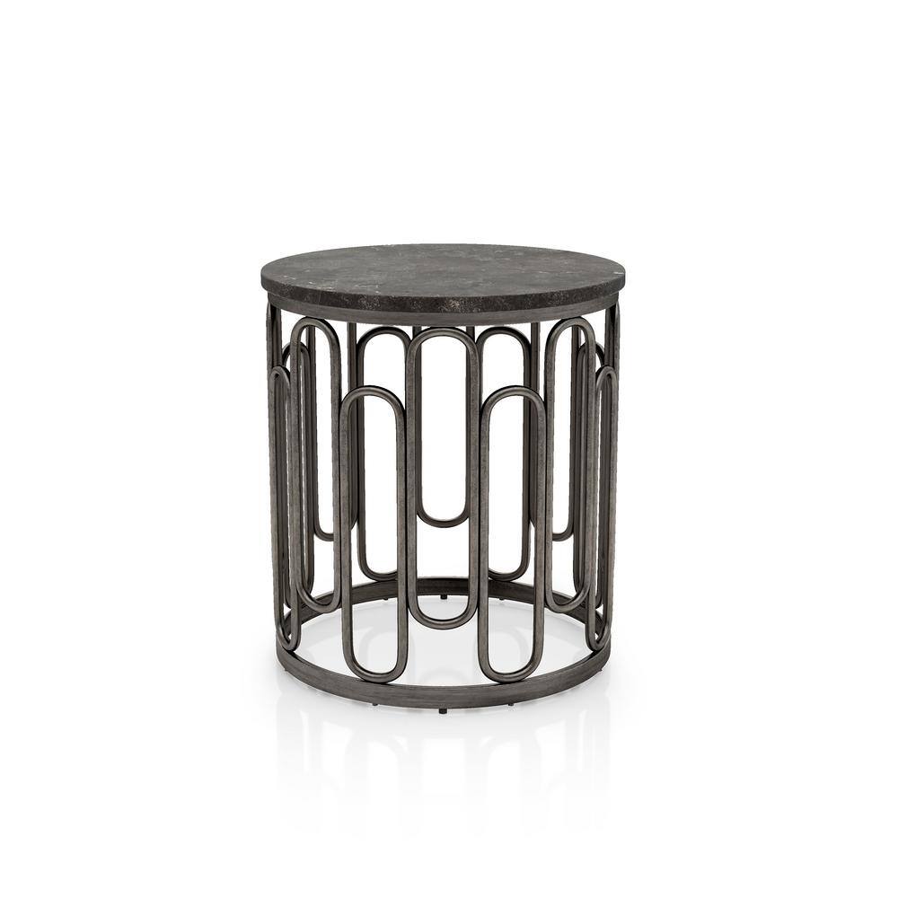 Furniture of America Farley 20 in. Black Round Stone End Table With Metal Frame 005L4001E The