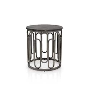 Farley 20 in. Black Round Stone End Table With Metal Frame
