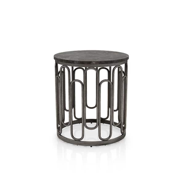 Furniture of America Farley 20 in. Black Round Stone End Table With Metal Frame