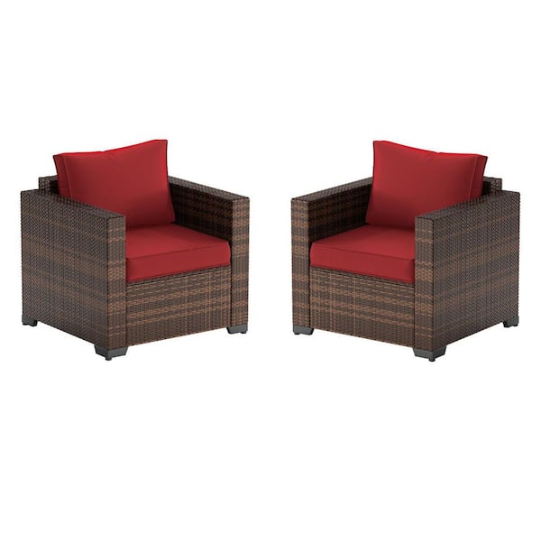 All-Weather Ergonomic Arm Rust Proof Rattan Wicker Outdoor Patio Sectional Lounge Chair with Blue Cushions(2-Pack)