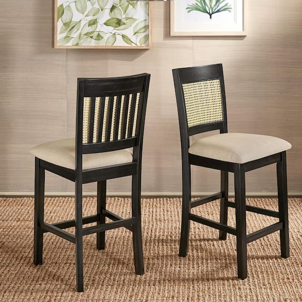 HomeSullivan 26.32 in. Black Cane Slat Back Wood Accent Counter Height Chair (Set of 2)