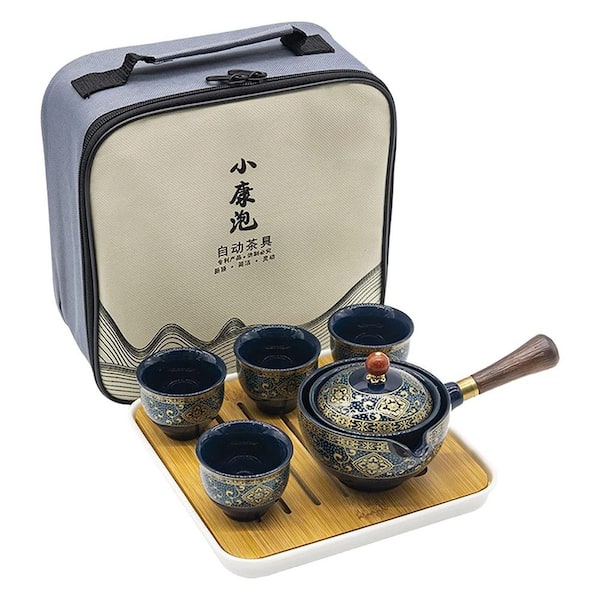 Porcelain Chinese Gongfu Tea Set with Rotatable Teapot Infuser, Portable All in One Gift Bag for Travel, Home