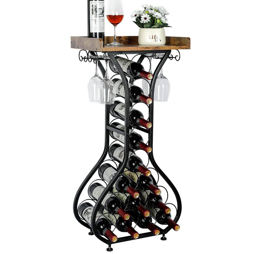 14-Bottle Black 16 in. Freestanding Floor Wine Rack with Glass Holder, Mini Bar Table Wine Holder Stand for Home