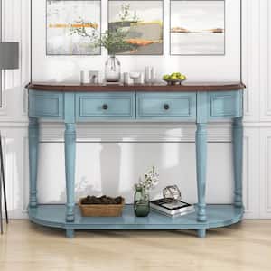 Retro 52 in. Blue Curved Wood Console Table with Open Style Shelf and 2-Top Drawers
