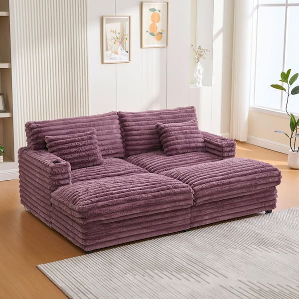 83.5  in. Square Arms Faux Rabbit Fur Fabric Chaise Lounge Sofa in Wine with 2-Pillows, USB Ports and Cup Hol