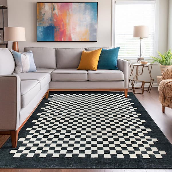 Contemporary Checkered Border Washable Non Slip Black 3 ft. x 5 ft. Area Rug