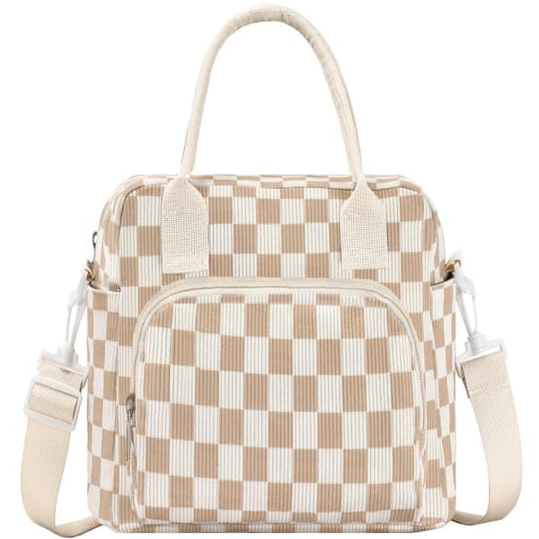 11.3 in. Insulated Lunch Bag with Multi Pocket Storage Beige Brown Plaid 1 Piece