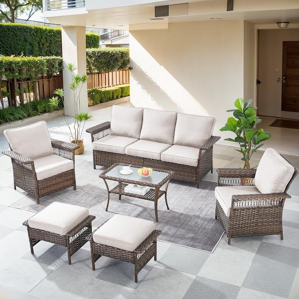 Gymojoy StLouis Brown 6-Piece Wicker Seactional Sofa Set Outdoor lounge chair Set with Beige Cushions and Ottomans