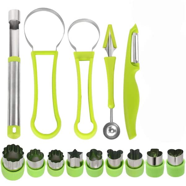 14 Pack 4‑in‑1 Stainless Steel Fruit Tool Kit with Fruit Vegetable Shapes Cutter Peeler for Home Kitchen Party Dessert