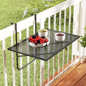 Black Metal 20 in. Outdoor Balcony Railing Table with Adjustable Hooks Hanging Folding Deck Table Plant Stand