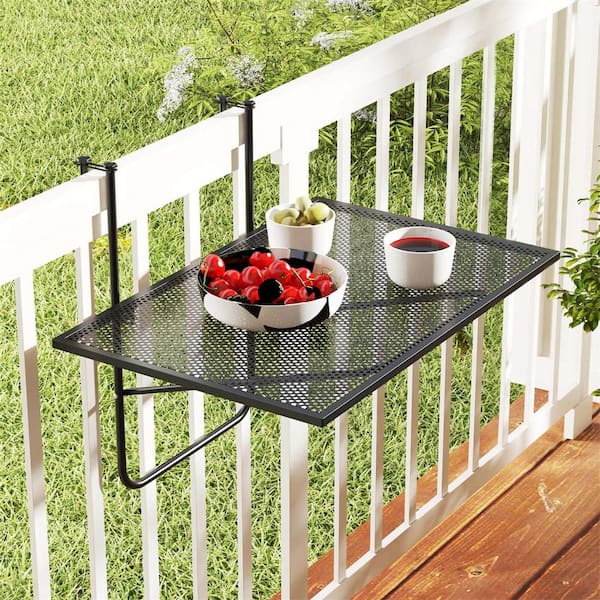 Black Metal 20 in. Outdoor Balcony Railing Table with Adjustable Hooks Hanging Folding Deck Table Plant Stand