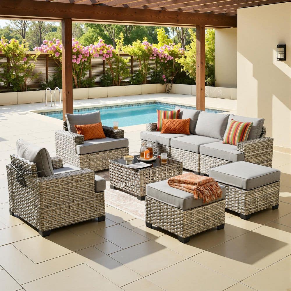 Coral 8-Piece Wicker Outdoor Patio Conversation Sofa Set with a Solar-LED Table and Light Gray Cushions price history on PriceWatchPro