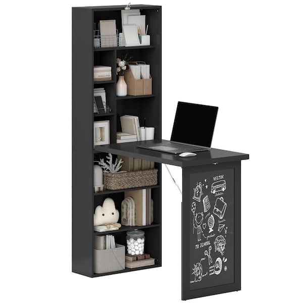 Fold-Out Convertible 20 in. Black Writing Table, Wall Mount Desk Cabinet with Side Shelf Home Office Workstation