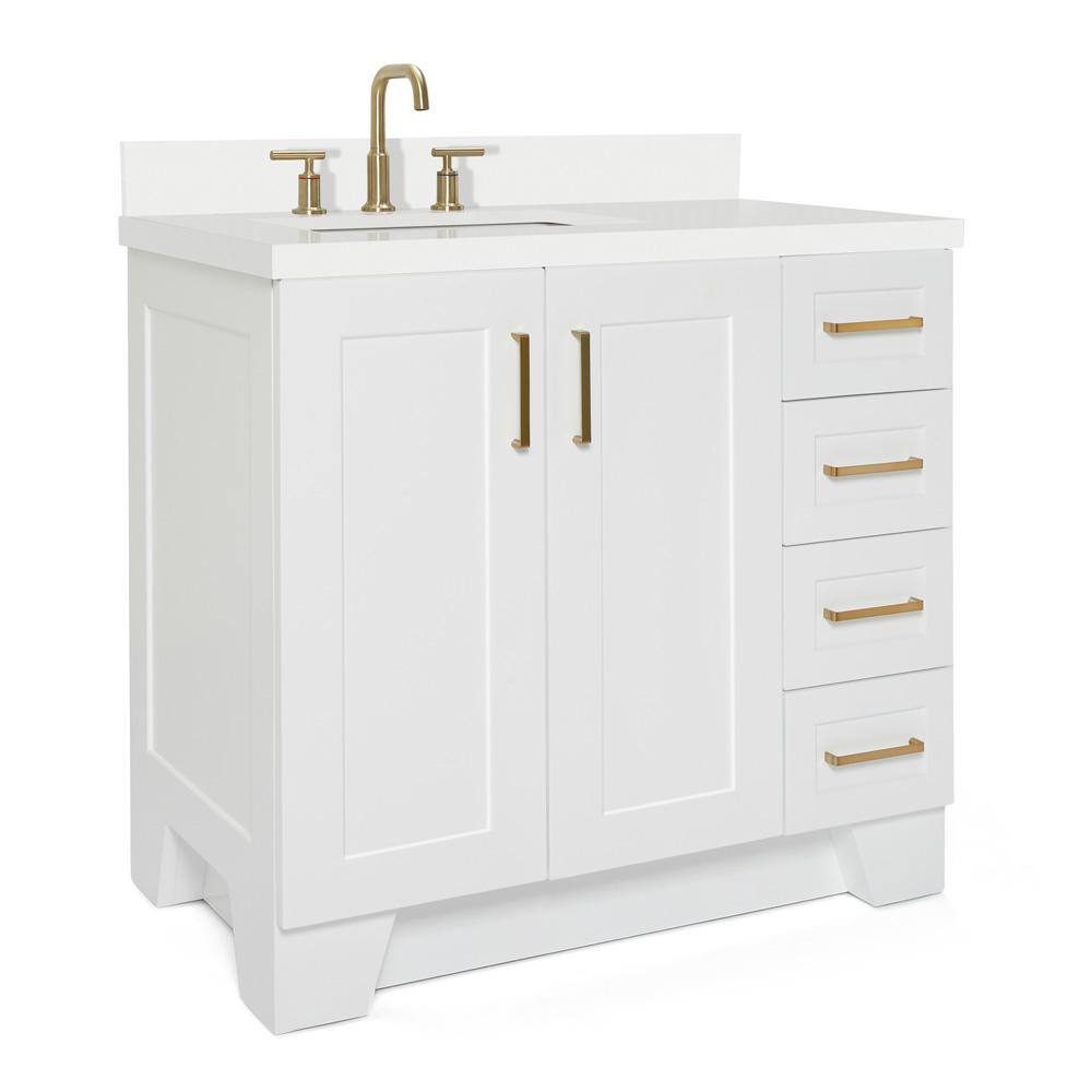 White Quartz Top Single Sink Bathroom Vanity with Brass Hardware