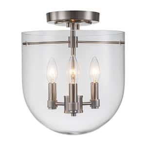 Cathedral 11 in. W 3-Light Brushed Nickel Modern Semi-Flush Mount With Clear Glass Shade and No Bulbs Included
