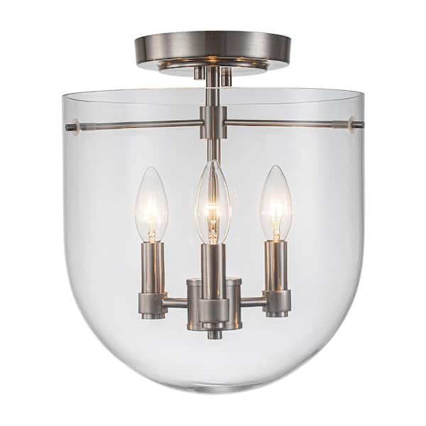 HUOKU Cathedral 11 in. W 3-Light Brushed Nickel Modern Semi-Flush Mount With Clear Glass Shade and No Bulbs Included