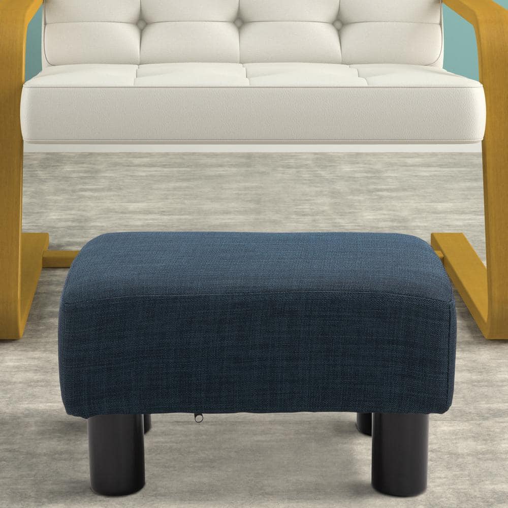 Small Blue Linen Fabric Pouf Footrest Ottoman