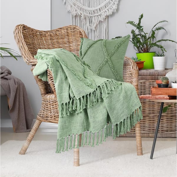 Unbranded Norah Light Green Bohemian Basics Decorative Diamond Tufted Cotton Throw Blanket