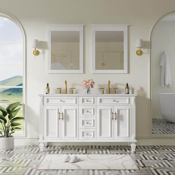60 in. Solid Wood Bathroom Vanity With Double Sinks and 4 Drawers, Soft-Close Doors, Carrara White Quartz Top, White