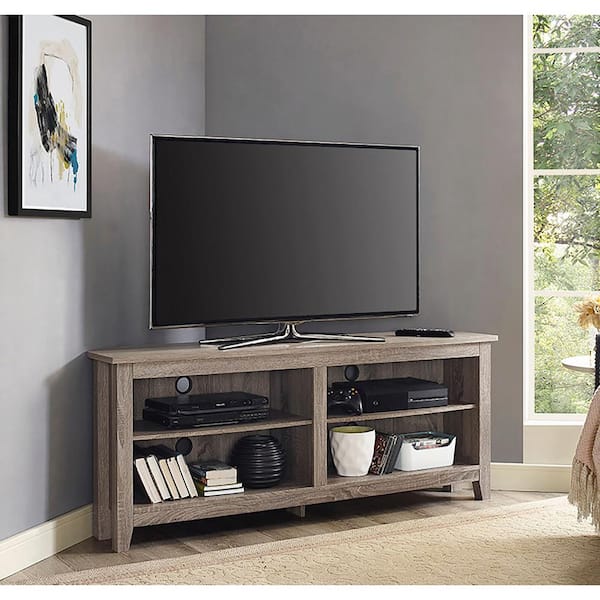 Walker Edison Furniture Company 58 in. Driftwood MDF Corner TV Stand 60 in. with Adjustable Shelves