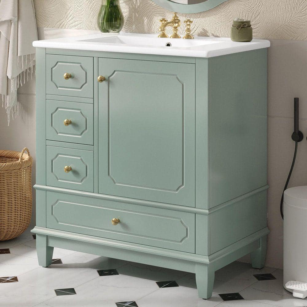 30 in. Freestanding Green Bath Vanity with White Ceramic Top, Drawer and Door Shelf Bathroom Storage Cabinet Unassembled
