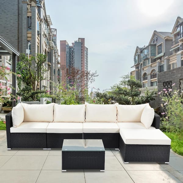 Tunearary Black 6-Piece Wicker Outdoor Sofa Set With Removable Beige Cushion and Glass Top Coffee Table