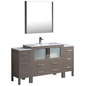 Torino 60 in. Vanity in Gray Oak with Ceramic Vanity Top in White with White Basin and Mirror