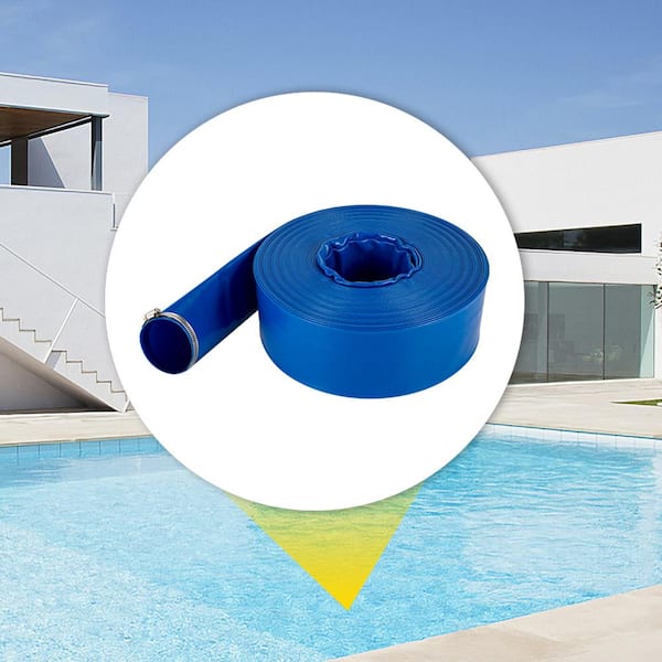 Discharge Hose, 1-1/2 in. x 100 ft. PVC Fabric Lay Flat Hose, Heavy Duty Backwash Drain Hose with Clamps, Weather-Proof