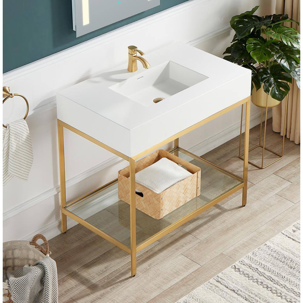 Brushed Gold and White Glass Console Sink with Resin Counter
