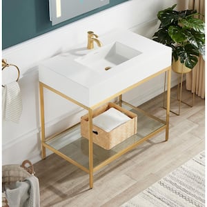 Ventura 36 in. Resin Console Sink in Brushed Gold with Matte White Counter Top