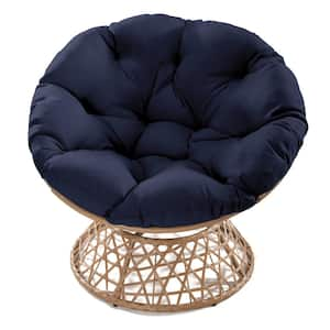 Wicker Outdoor Lounge Chair with Dark Blue Cushion, 360° Swivel Chair for Balcony Garden (1-Pack)