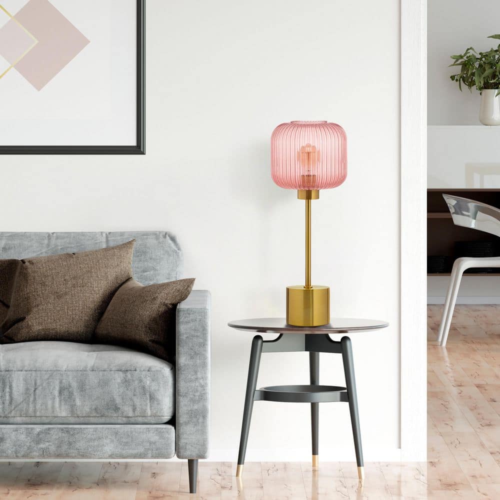 21.25" Brushed Gold Metal Table Lamp with Pink Glass Shade