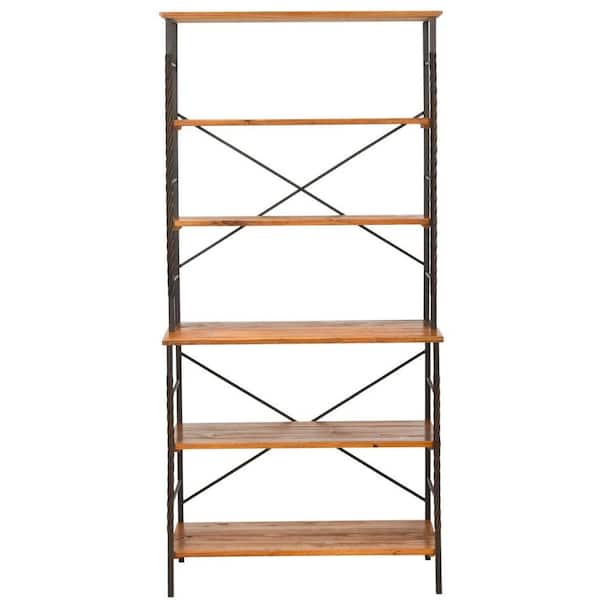 SAFAVIEH 77.2 in. Antique Pewter/Brown Pine Wood 6-shelf Etagere Bookcase with Open Back