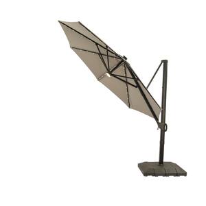 11 ft. Steel Cantilever Round Solar LED Patio Umbrella in Gray with Base