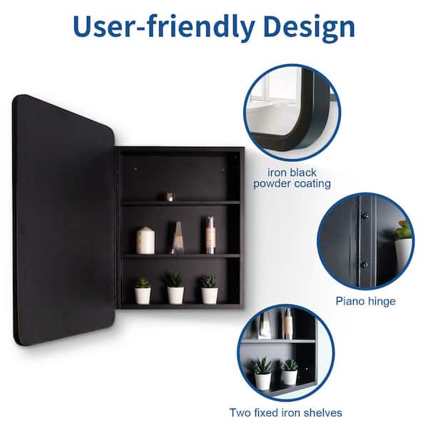 Zeus & Ruta 24 in. W x 30 in. H Rectangular Black Metal Framed Wall Recessed/Surface Mount Bathroom Medicine Cabinet with Mirror