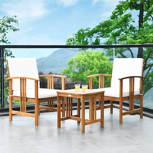 3-Piece Wood Sectional Patio Conversation Set Sofa with White Cushions