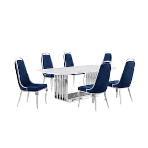 Lisa 7-Piece Rectangle White Marble Top Stainless Steel Base Dining Set With 6 Navy Blue Velvet Chrome Iron Chairs