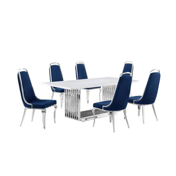 Best Quality Furniture Lisa 7-Piece Rectangle White Marble Top Stainless Steel Base Dining Set With 6 Navy Blue Velvet Chrome Iron Chairs
