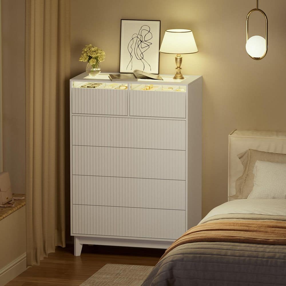 White 6-Drawer 31.5 in. Dresser With LED Light,Glass Tabletop, Modern Chest of Drawers For Bedroom,Living Room -  PAKASEPT, TTAK002wxx
