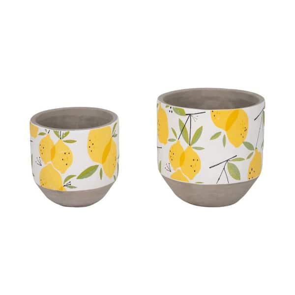 6 in. and 7 in. Yellow Ceramic Growing Lemons Decorative Pots (Set of 2)