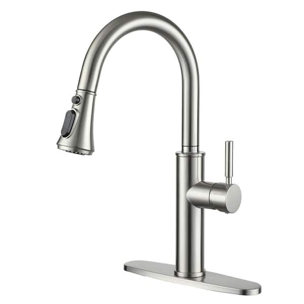 Boyel Living 4-Spray Patterns Single Handle Pull Down Sprayer Kitchen Faucet with Deckplate and Water Supply Hoses in Brushed Nickel