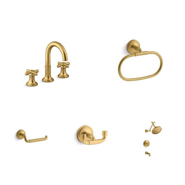 Paces 8 in. Widespread Faucet, Towel Ring, Toilet Paper Holder, Robe Hook and Tub/Shower Faucet Combo in Brass