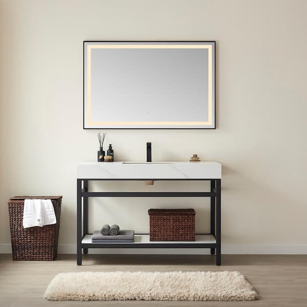 ROSWELL Funes 48 in. W x 22 in. D x 33.9 in. H Single Sink Bath Vanity in Matt Black Metal Stand with White Sintered Stone Top