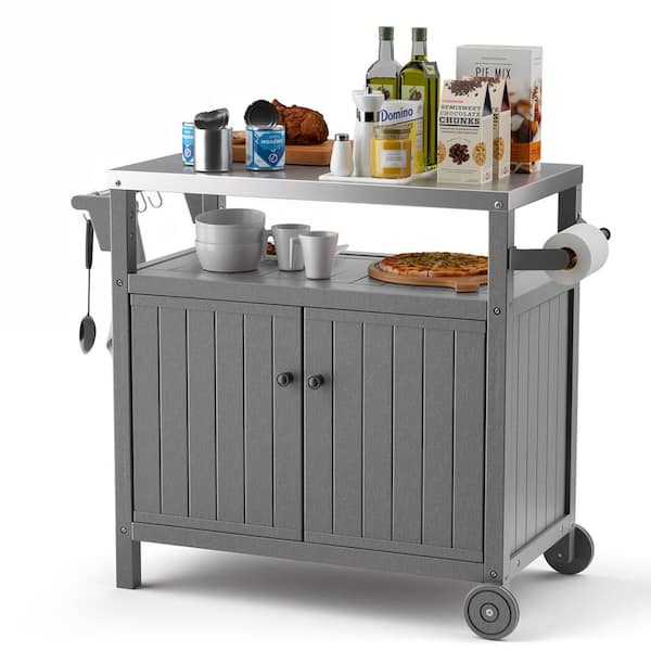 Unbranded Pro 42 in. Outdoor Grill Cart with Storage Stainless Steel Tabletop BBQ Cabinet with Wheels Hooks and Side Shelf(Gray)