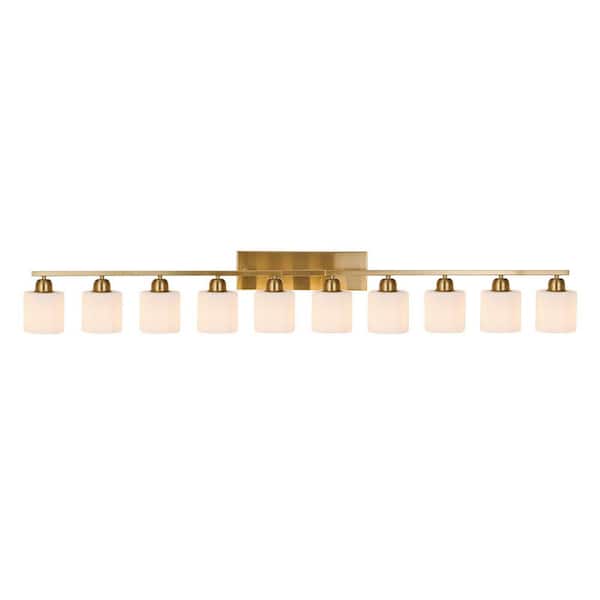 64.5 in. 10-Light Modern Gold Bathroom Vanity Wall Light with Frosted Glass Shades
