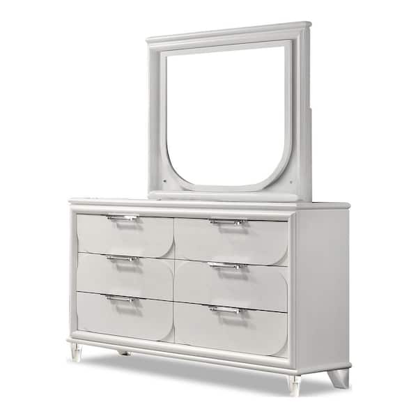 Glosan Pearl White 6-Drawer 54.5 in. Dresser with Mirror and Acrylic Handles