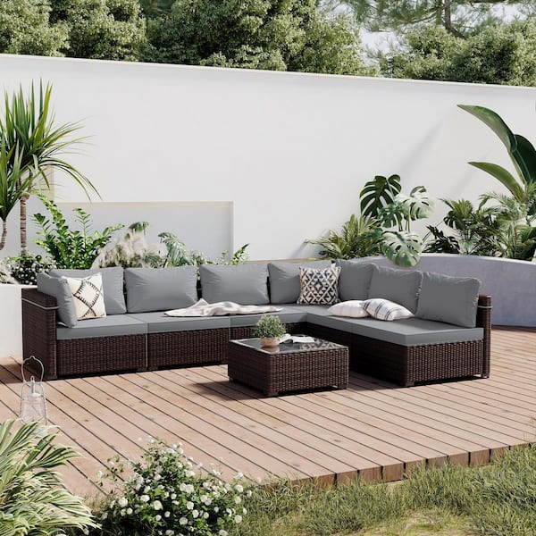 PATIO WATCHER 7-Piece Wicker Patio Conversation Seating Set with Light Gray Cushions and Coffee Table