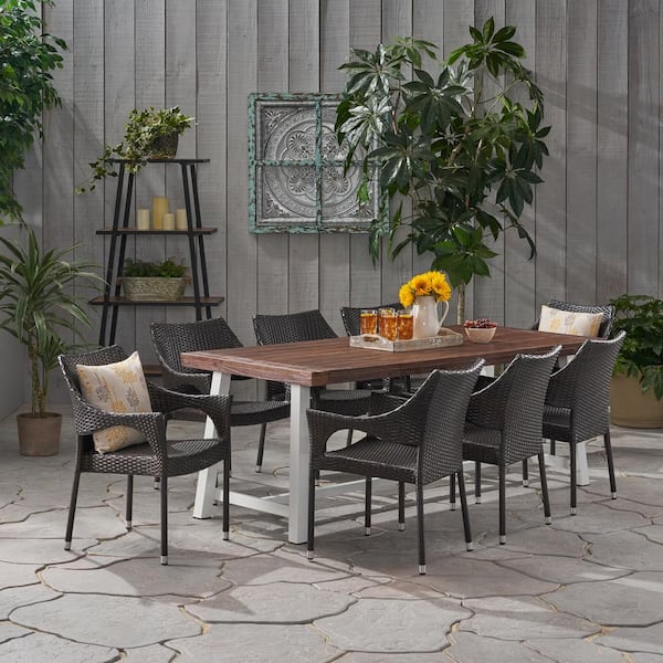 Espanola 30 in. Sandblast Dark Brown 9-Piece Metal Rectangular Outdoor Patio Dining Set