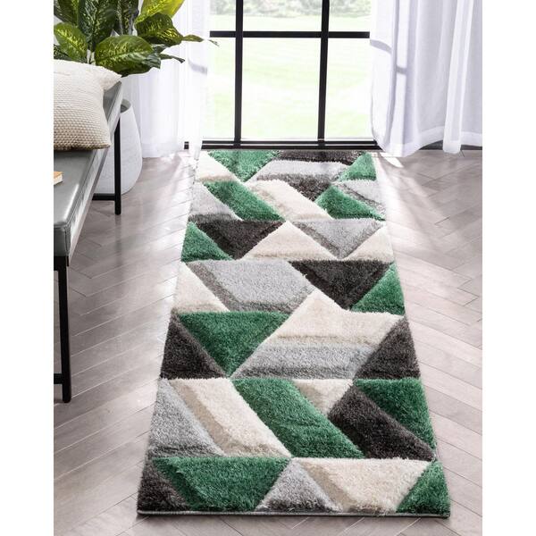 San Francisco Holland Modern Geometric Shag Hand-Carved, Green 2 ft. 3 in. x 7 ft. 3 in. Runner, Area Rug